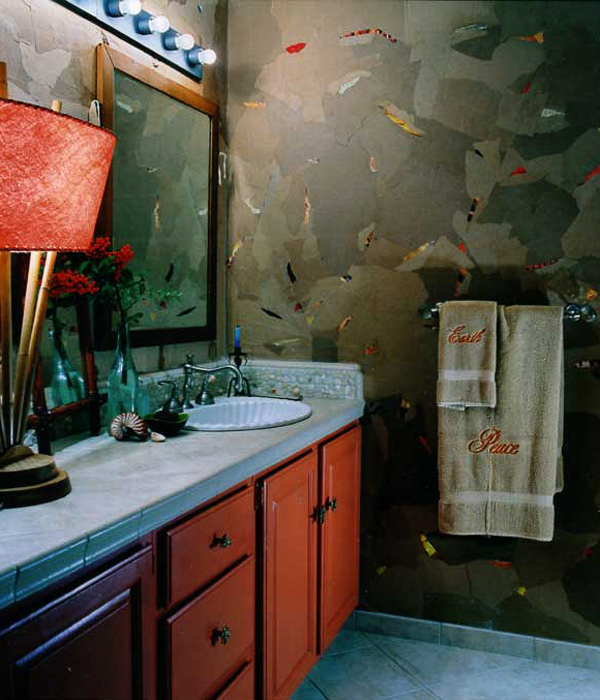 A showcase teenage girls room using large beam sections as stairs up to a loft, paper bags on collage walls and a reuse steel swing bed. Interior design by Carolyn Robbins