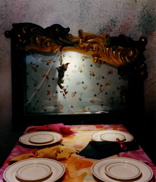 Rollick's carnival restaurant-bar with table top kinetic displays, hand-painted vintage circus posters for live jazz lovers. Classic carnival restaurant style with festive surprising animated art designed by Carolyn Robbins Interiors