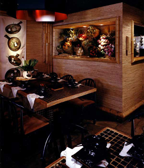 Mongolian dining with an open kitchen market interior vibe designed by Carolyn Robbins Interior design