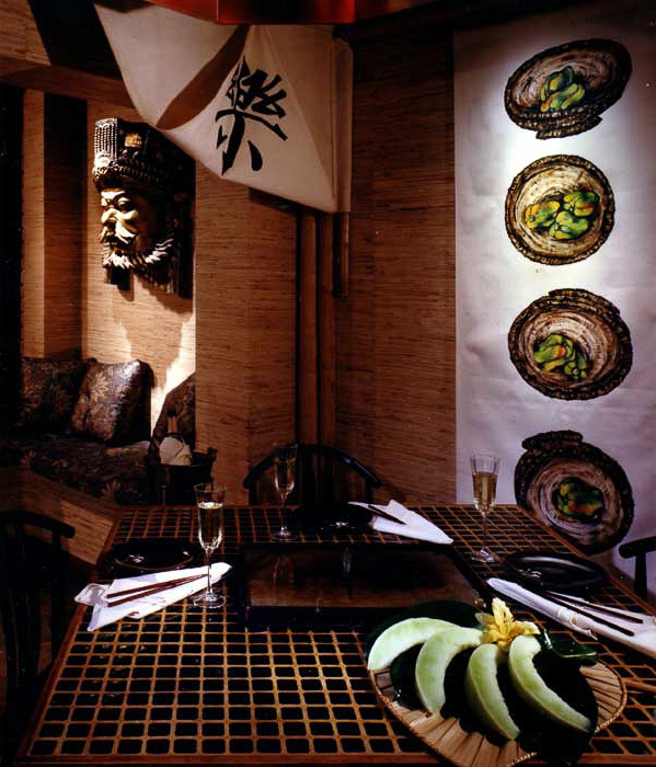 Mongolian dining with an open kitchen market interior vibe designed by Carolyn Robbins Interior design