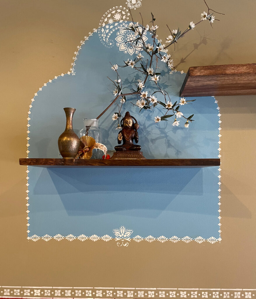 Indian decor using festive feel with hand stenciling in bright color - Avatar’s interiors designed by Carolyn Robbins