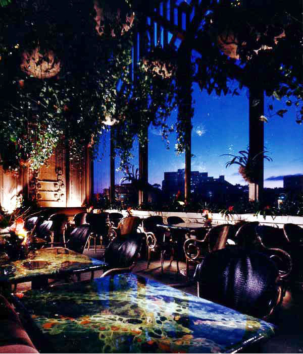 Glass dance floor built over running water with star-lit ceiling - Miami Cat’s interiors designed by Carolyn Robbins