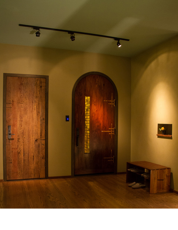 Modern Japanese esthetic with underlit floors and slate covered walls - Fong Interior design by Carolyn Robbins