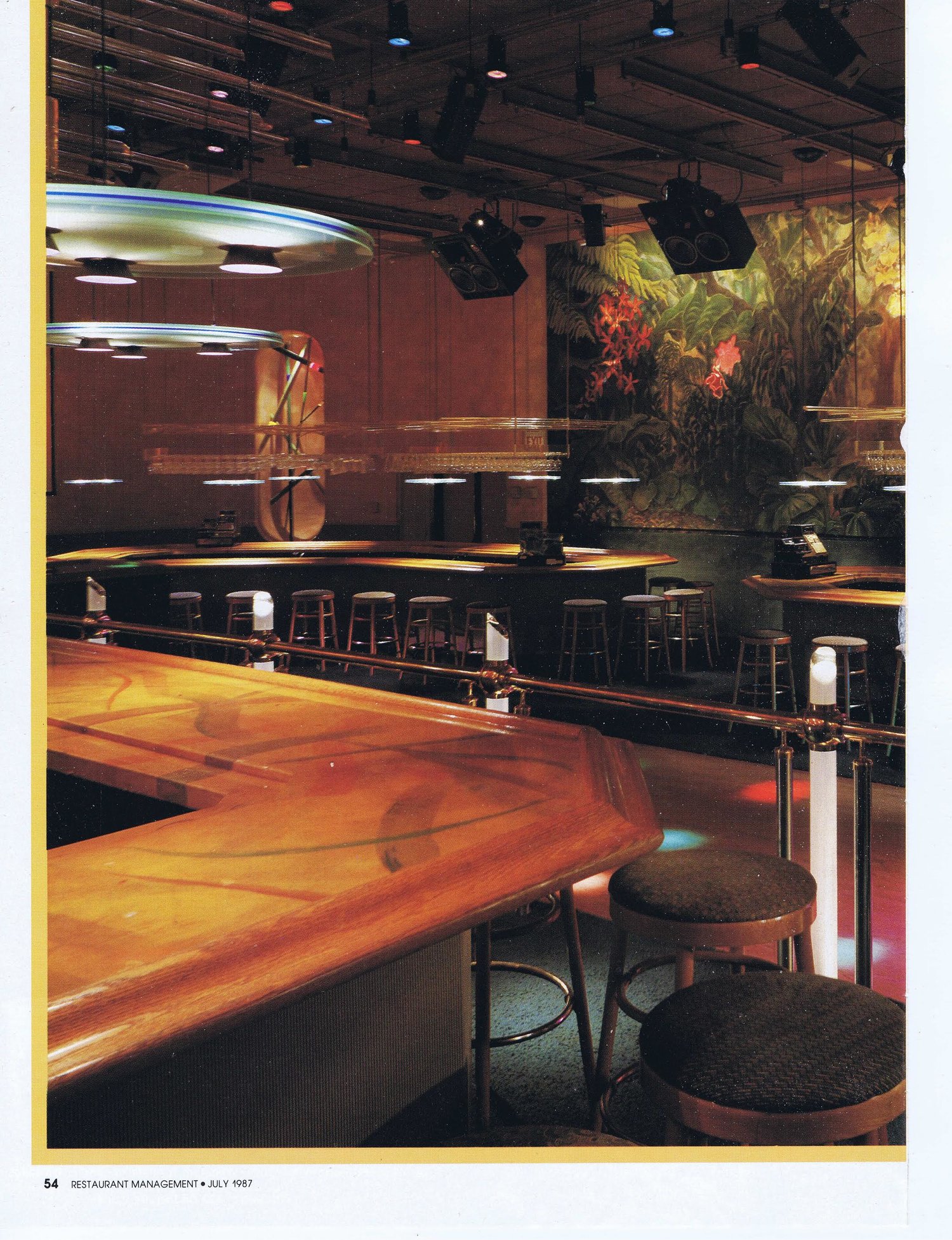 80’s dance club with lit lucite, jungle wall murals and aurora bar lighting - Banana Max nigtht Club interior designed by Carolyn Robbins