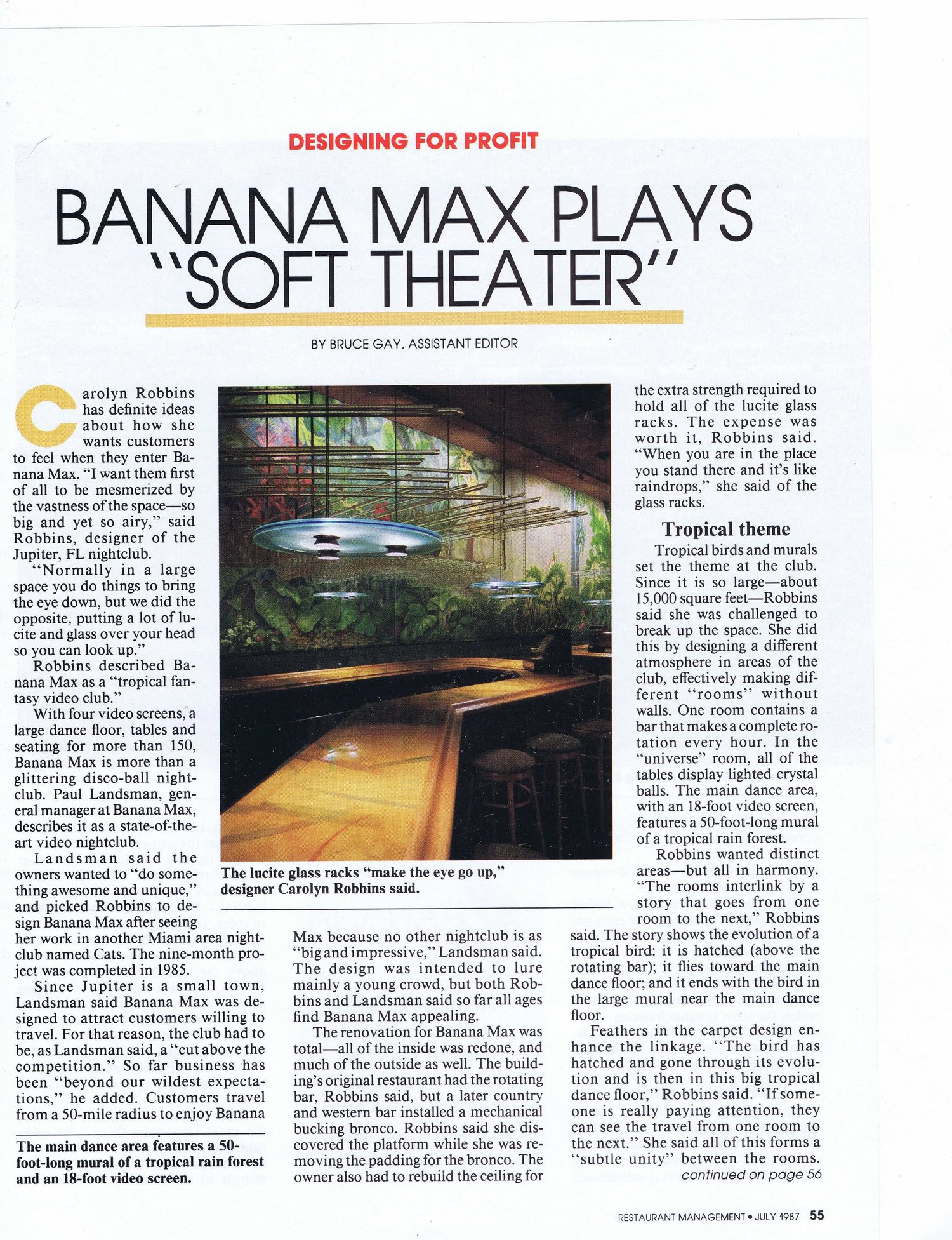 80’s dance club with lit lucite, jungle wall murals and aurora bar lighting - Banana Max nigtht Club interior designed by Carolyn Robbins