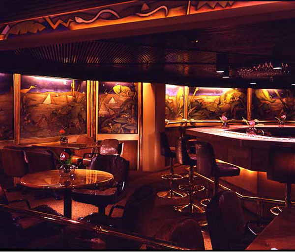 Glass dance floor built over running water with star-lit ceiling - Miami Cat’s interiors designed by Carolyn Robbins
