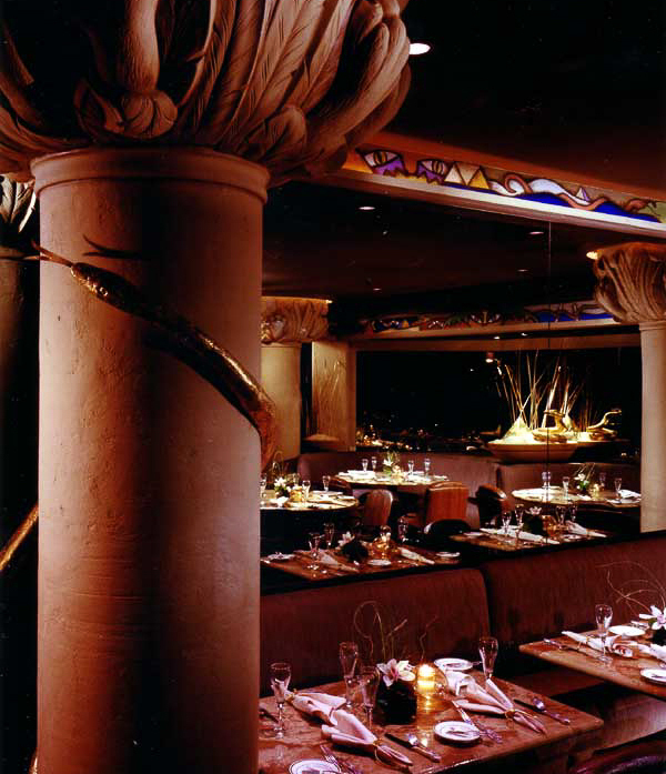 Glass dance floor built over running water with star-lit ceiling - Miami Cat’s interiors designed by Carolyn Robbins