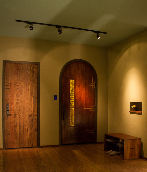 Modern Japanese esthetic with underlit floors and slate covered walls - Fong Interior design by Carolyn Robbins