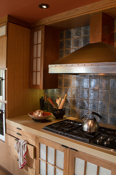 Modern Japanese esthetic with underlit floors and slate covered walls - Fong Interior design by Carolyn Robbins