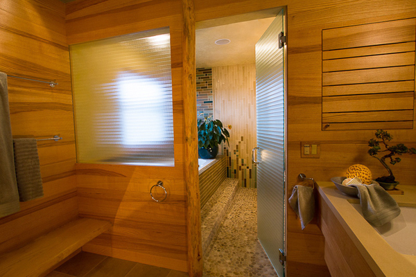 Modern Japanese esthetic with underlit floors and slate covered walls - Fong Interior design by Carolyn Robbins