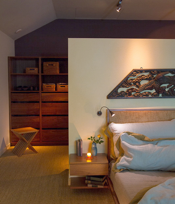 Modern Japanese esthetic with underlit floors and slate covered walls - Fong Interior design by Carolyn Robbins