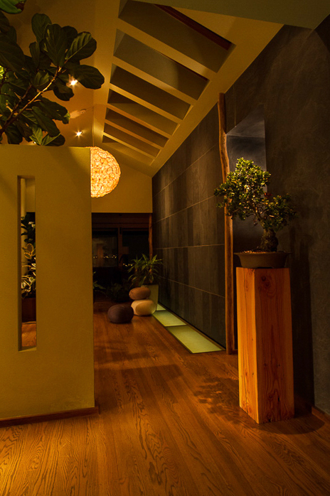 Modern Japanese esthetic with underlit floors and slate covered walls - Fong Interior design by Carolyn Robbins