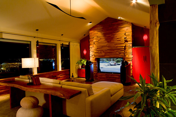 Modern Japanese esthetic with underlit floors and slate covered walls - Fong Interior design by Carolyn Robbins