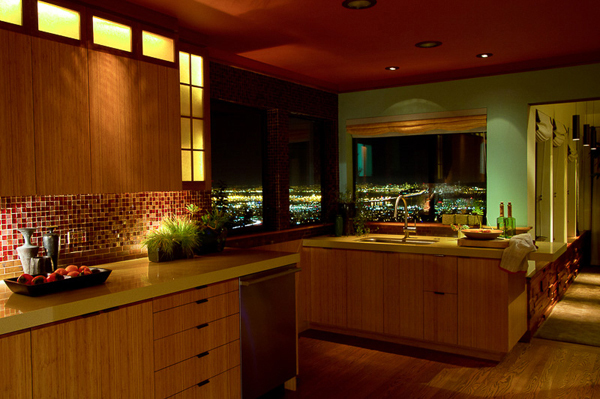 Modern Japanese esthetic with underlit floors and slate covered walls - Fong Interior design by Carolyn Robbins
