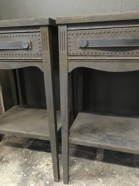 Two side tables painted in iron based paint with detail nails and leather handles 2014 by Carolyn Robbins