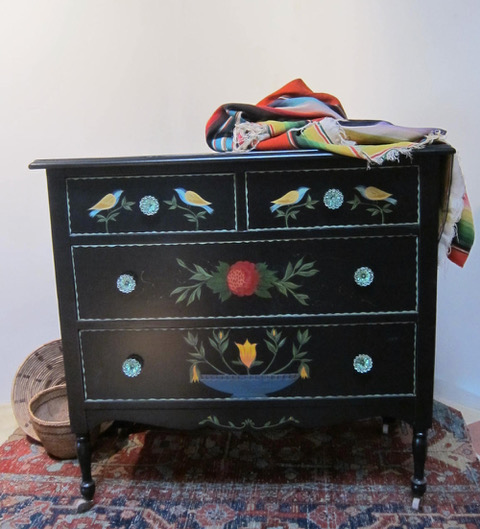 Hand painted dresser in Mexican floral motif 2015 by Carolyn Robbins