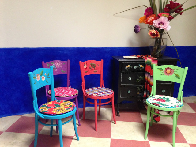 Hand painted Mexican inspired re-use chairs 2015 by Carolyn Robbins