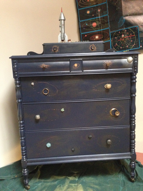 Hand painted celestial inspired re-use dresser with embedded meteorites 2014 by Carolyn Robbins