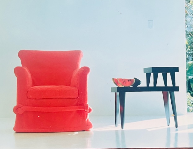 Terri-cloth slipcovered chair and lacquered side table ‘92 by carolyn robbins - Antares Miami