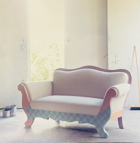 Custom built love seat with hand painted checks & canvas ‘93 by carolyn robbins - Antares Miami