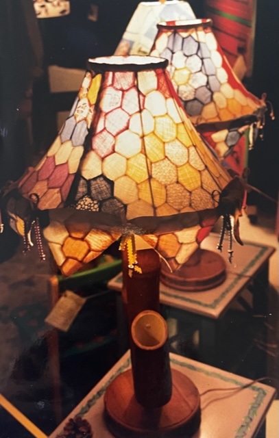 Classic bamboo South Pacific style lamps with shades made of vintage quilts - Furniture by Carolyn Robbins