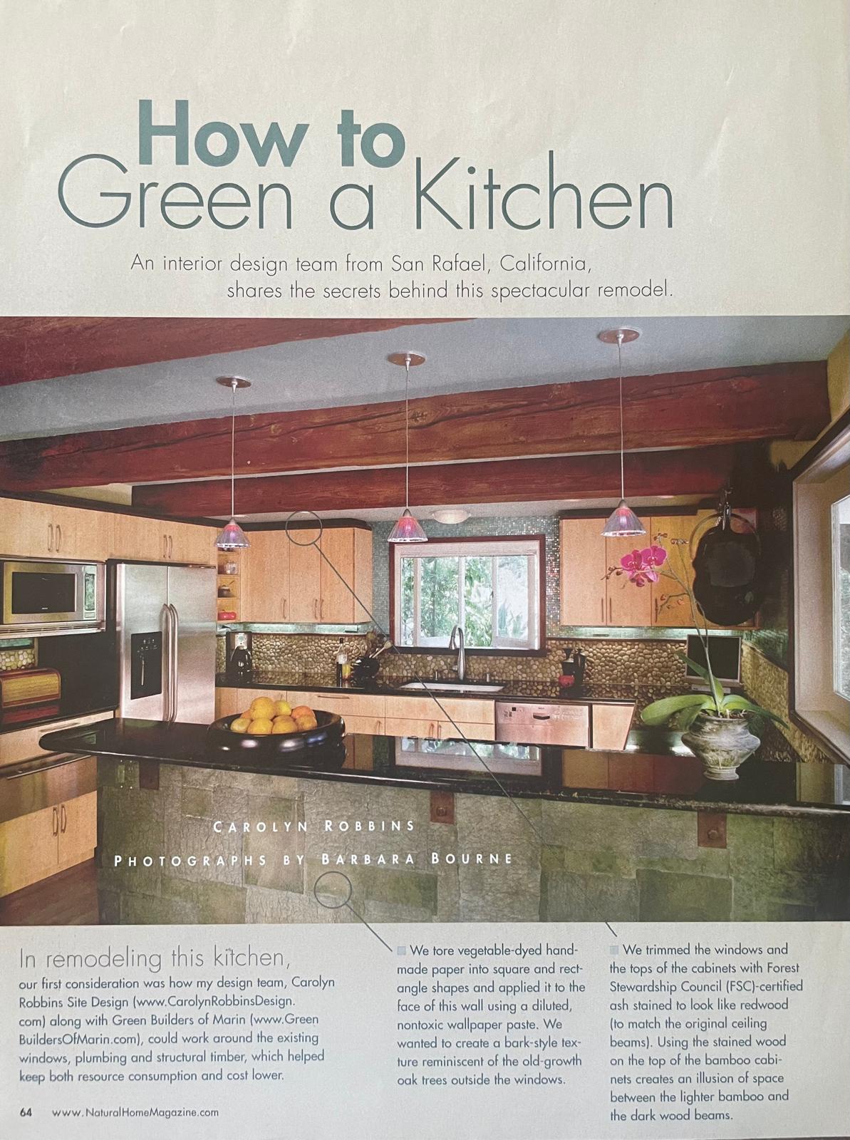 Noted kitchen interior blending sustainable bamboo, river rock, reflective dark granite and aqua glass tile for Japanese inspired seaside interior designed by Carolyn Robbins